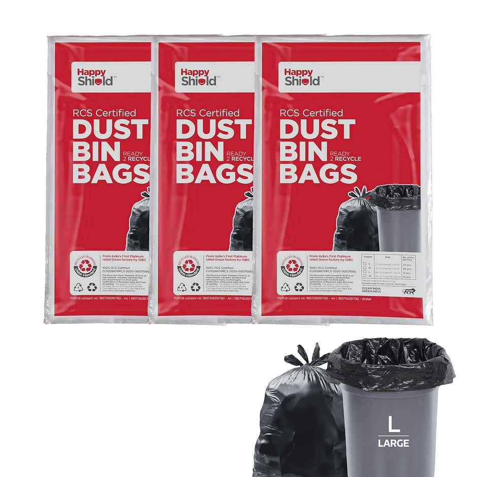 Happy Shield - Garbage Bags (45 Pieces), Large (24 X 32 Inches) - 15 Pieces/Pack (Pack Of 3), Black