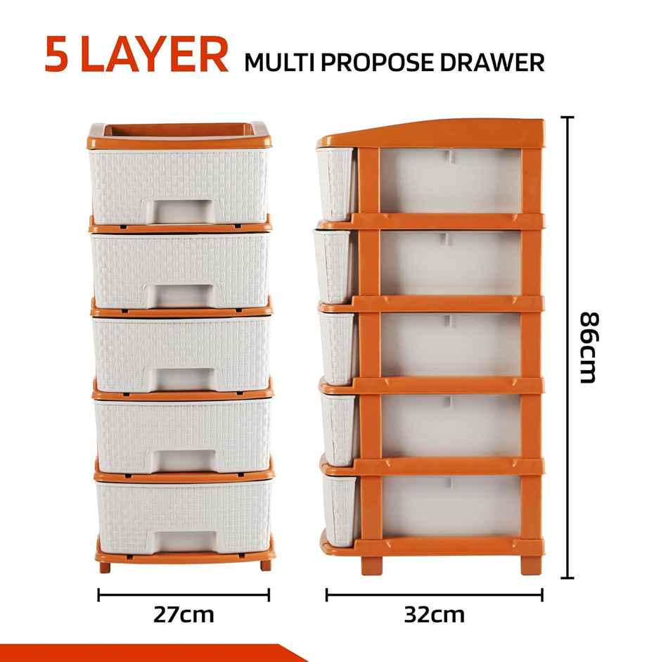 Kuber Industries 5-Tier Collapsible Multipurpose Plastic Drawers Storage Organizer|Brown & White