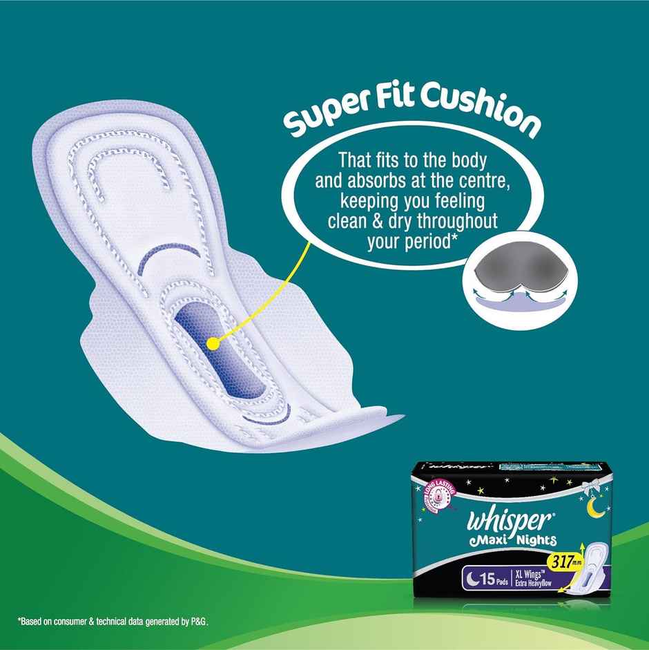 Whisper Maxi Nights Sanitary Pads | XL | 15 pcs