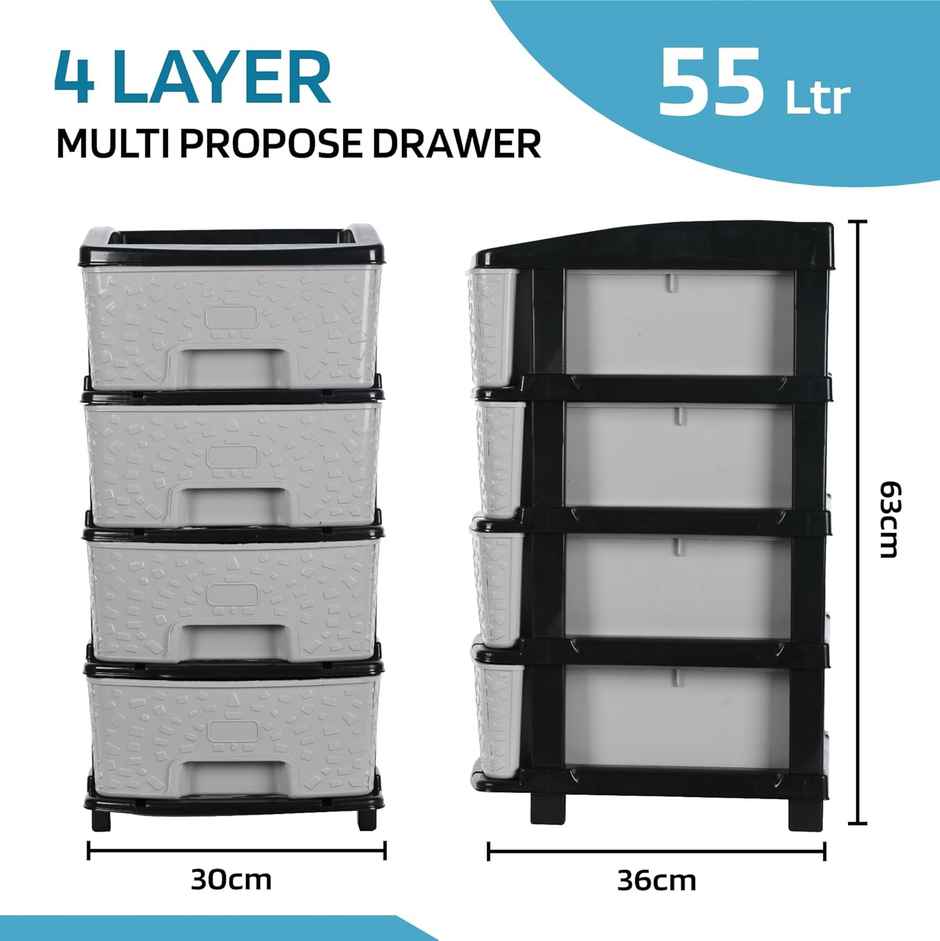 Kuber Industries Modular 4-Layer & 55 L Plastic Drawer Storage Organiser | Black & Grey