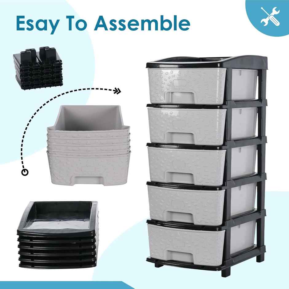 Kuber Industries Modular 5-Layer & 60 L Plastic Drawer Storage Organiser | Black & Grey