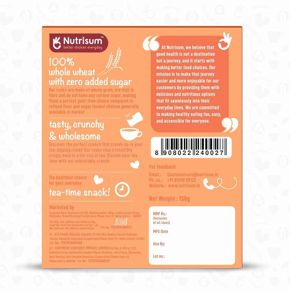 Nutrisum Whole Wheat Rusk - No Added Sugar- Cinnamon