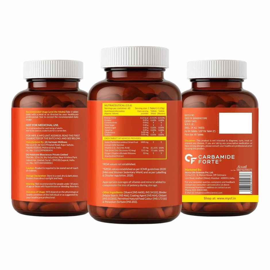 Carbamide Forte Natural Vitamin C Tablet Amla Extract With Zinc For Immunity & Skincare 60 tab