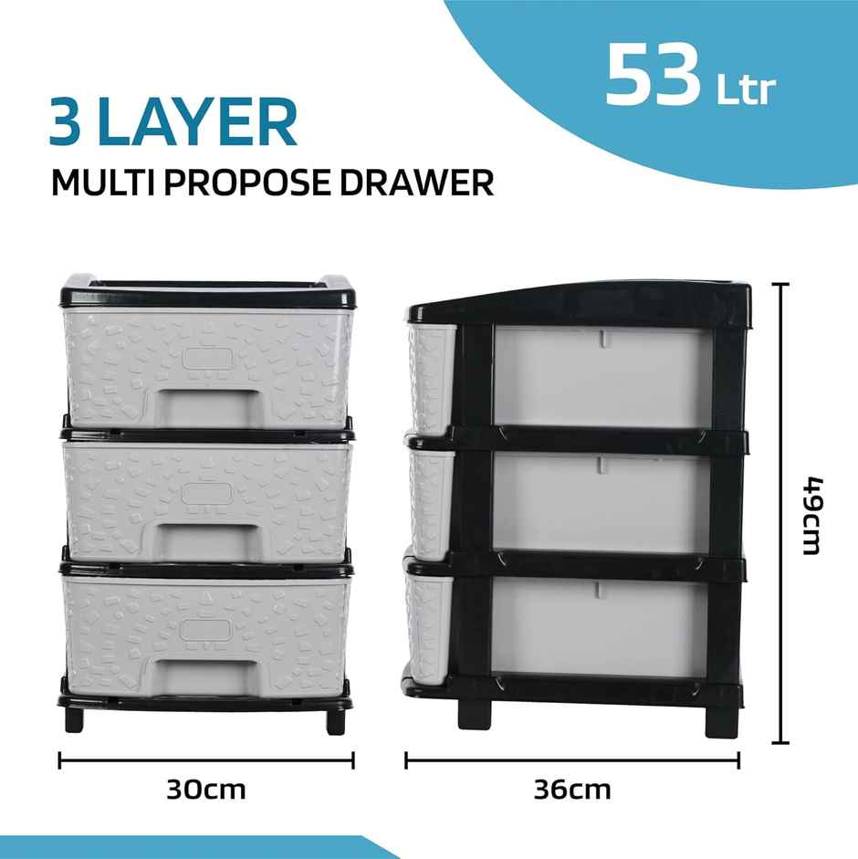 Kuber Industries Modular 3-Layer & 53 L Plastic Drawer Storage Organiser | Black & Grey