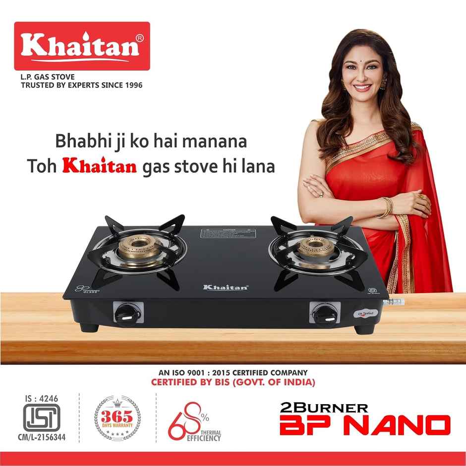Khaitan 2 Burner Nano Premium Toughened Glass | LPG Cooktop I Manual Ignition Stove | Black
