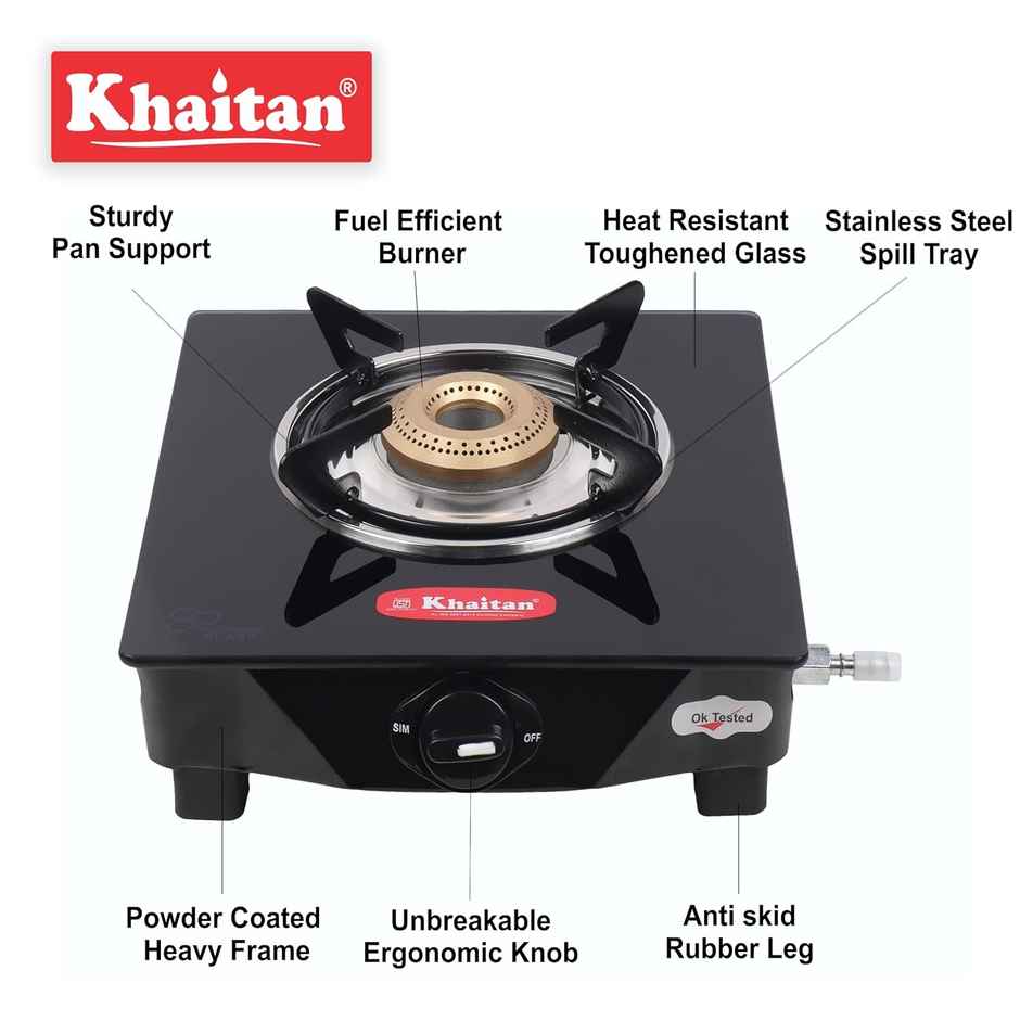Khaitan 1 Burner BP Jio Toughened Glass | LPG Cooktop I Manual Ignition Stove | Black