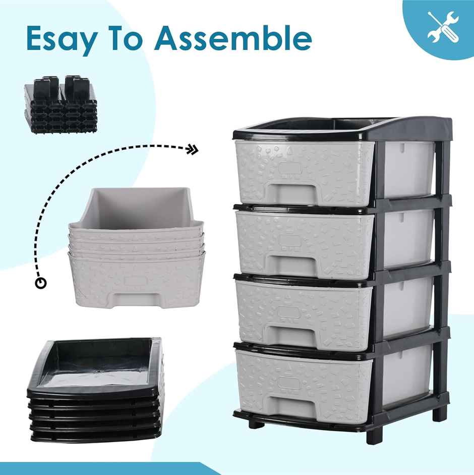 Kuber Industries Modular 4-Layer & 55 L Plastic Drawer Storage Organiser | Black & Grey