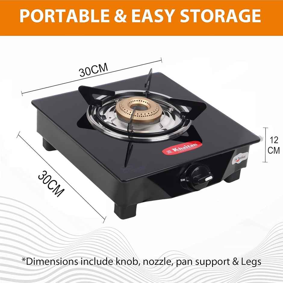 Khaitan 1 Burner BP Jio Toughened Glass | LPG Cooktop I Manual Ignition Stove | Black