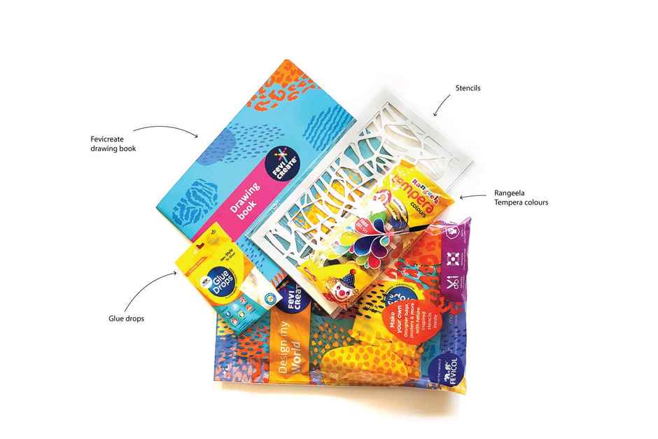 Fevicreate Design My World Kit Contains Drawing Book Stencils Rangeela Tempera Colours.