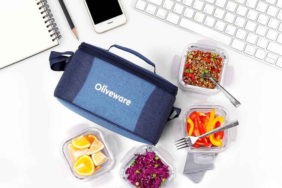 Oliveware Slick Glass Lunch Box, 4 Borosilicate Glass and Microwave Safe Container - Blue