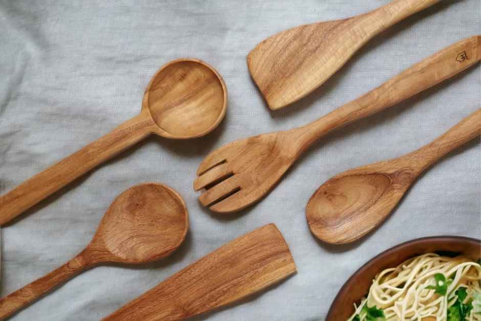 Vesta Homes Set Of 6 Neem Wood Spoon, Compact Flip, Spatula/Ladle|No Polish| Non-Stick|Hand Carved