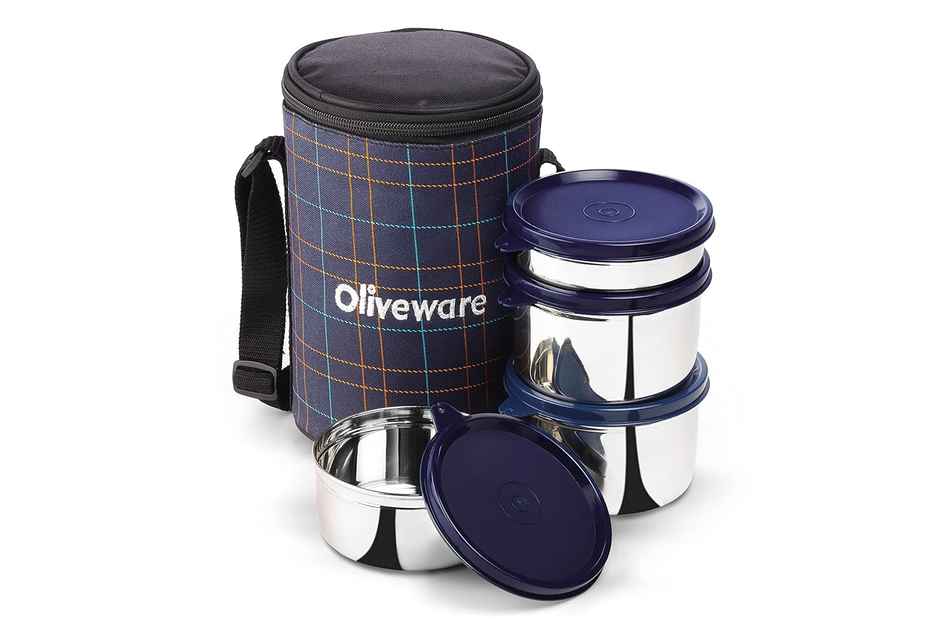 Oliveware Mega Lunch Box, 4 Stainless Steels- Blue