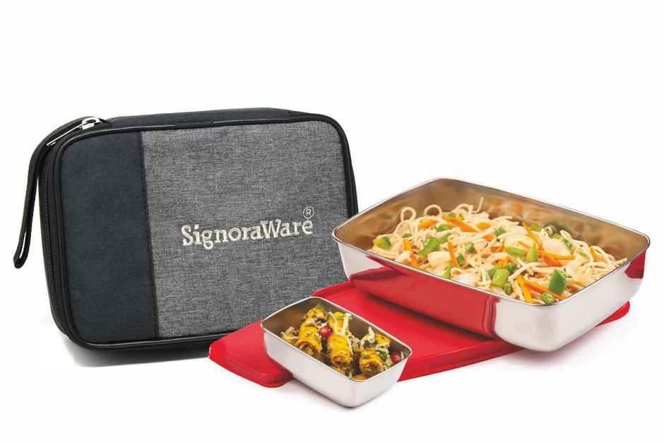 Signoraware Compact Steel Lunch Box with Bag | Red | Steel Lunch Box