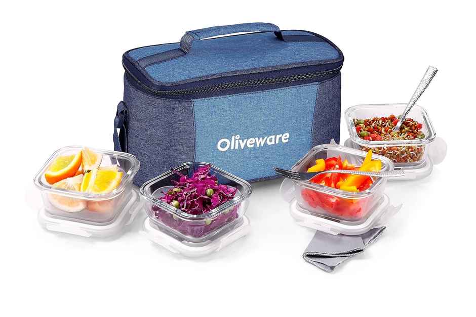 Oliveware Slick Glass Lunch Box, 4 Borosilicate Glass and Microwave Safe Container - Blue