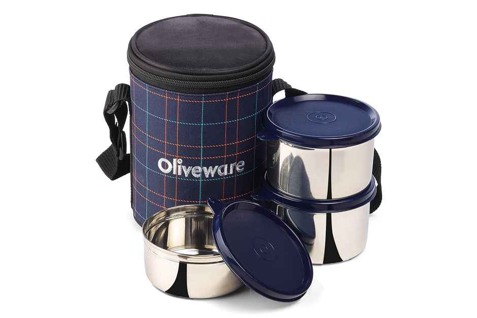 Oliveware Absolute Lunch Box, 3 Stainless Steel and Leak Proof Containers with BPA Free Lids- Blue
