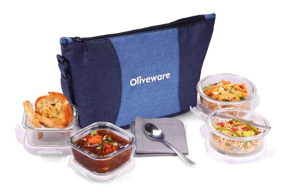 Oliveware Olive Glass Lunch Box, Insulated Fabric Bag, Leak Proof & Microwave Set of 4 - Blue