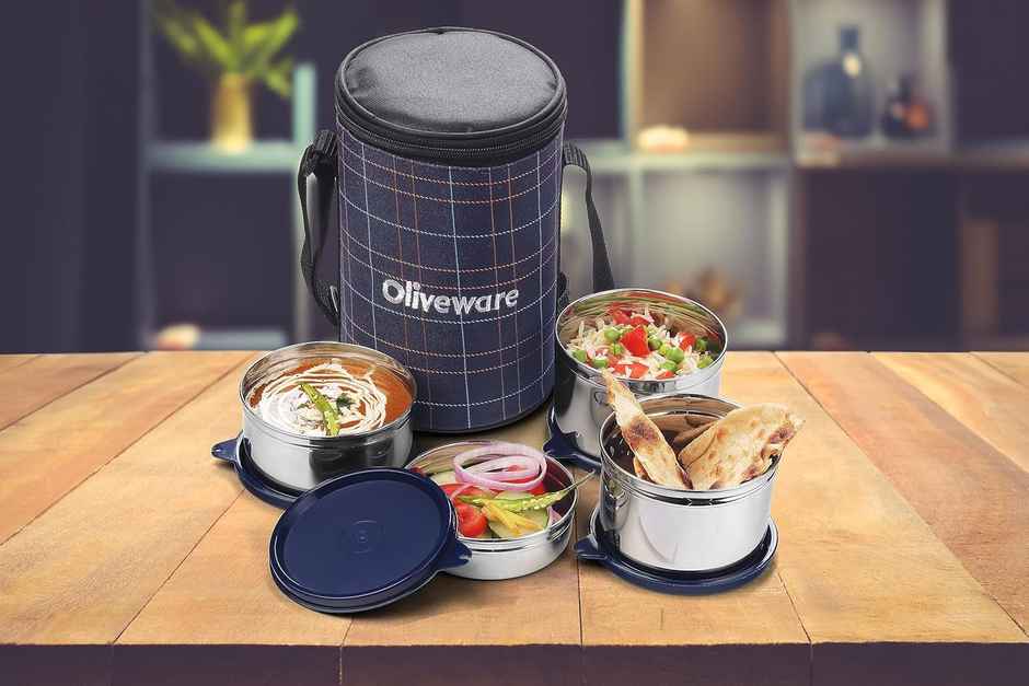 Oliveware Mega Lunch Box, 4 Stainless Steels- Blue