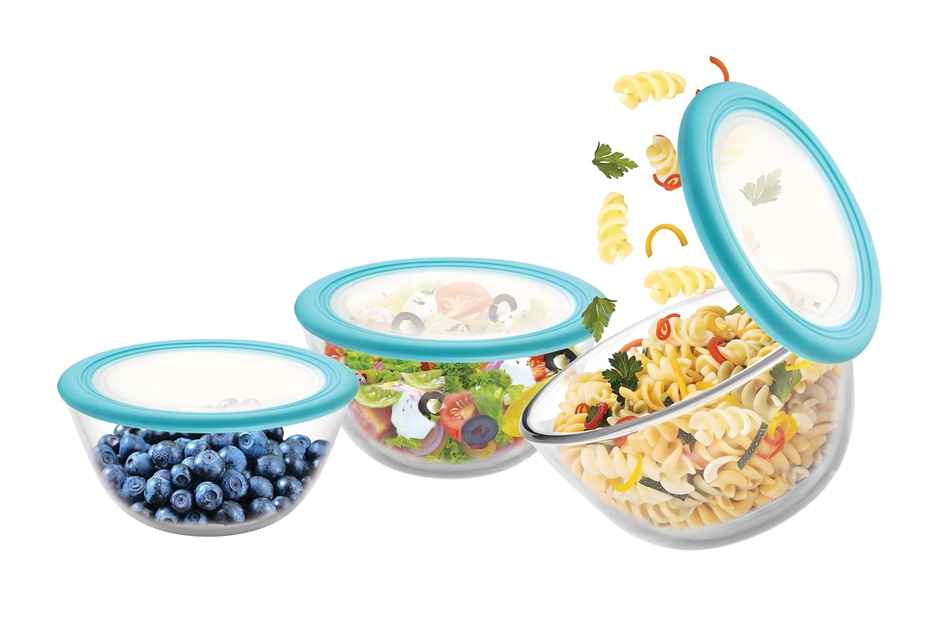 Cello Ornella Toughened Glass Mixing Bowl With Premium Lid Microwave Safe & Dishwasher Set Of 3