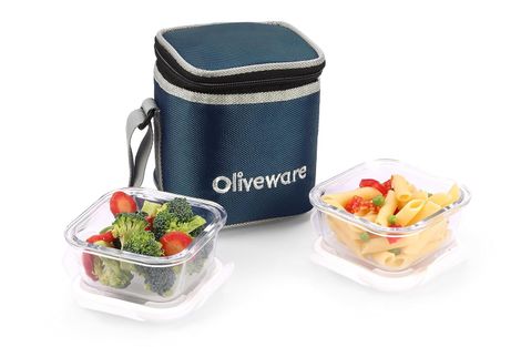 Oliveware Deluxe Glassware Lunchbox, 2 Borosilicate Glass, Microwave Safe & Leak Proof - Blue