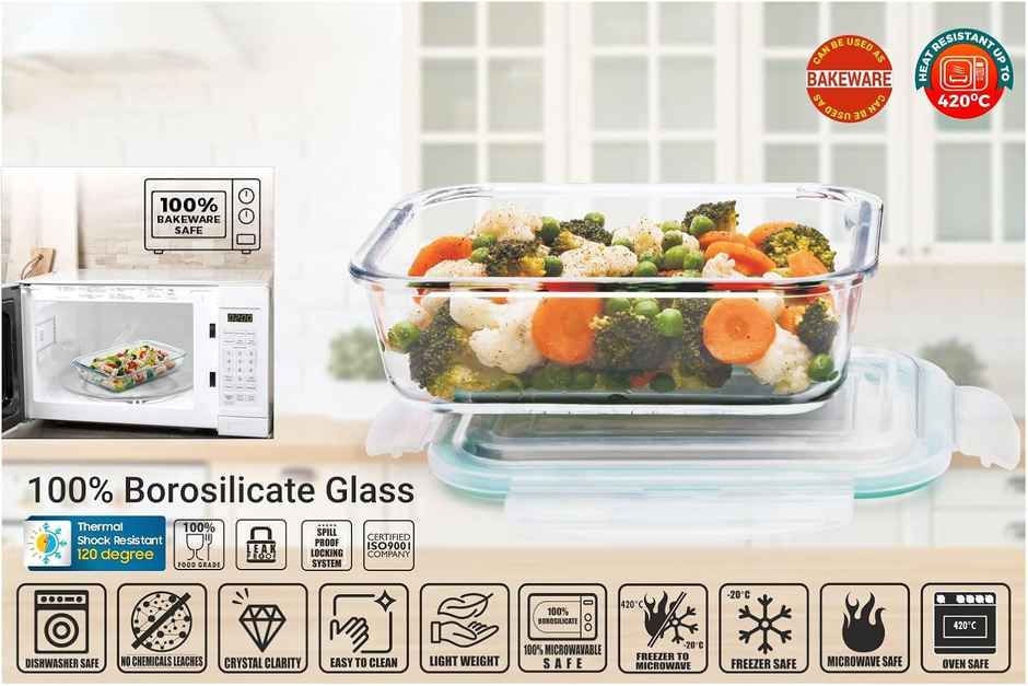 Signoraware Lock N Store Borosilicate Glass Container Rectangular | 2260 ml | Transparent