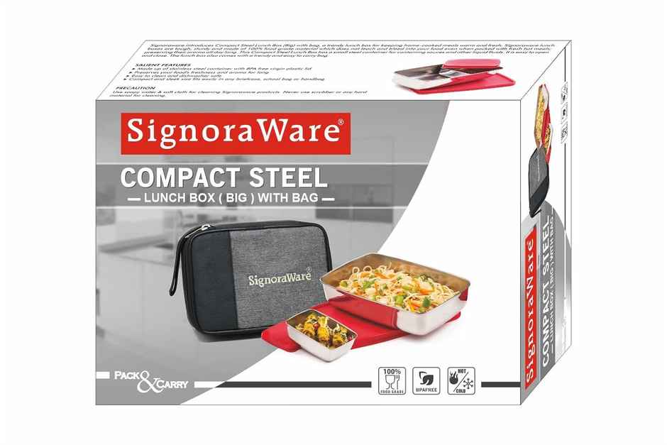 Signoraware Compact Steel Lunch Box with Bag | Red | Steel Lunch Box