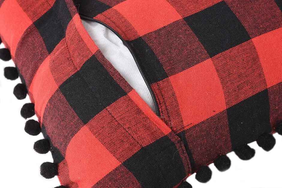 Lushomes Cushion Covers - Red-Black Checks | Cotton | 16 x 16 inch | With Pom Pom