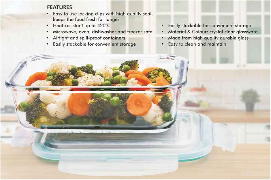 Signoraware Lock N Store Borosilicate Glass Container Rectangular | 2260 ml | Transparent