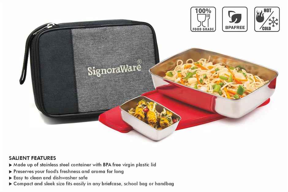 Signoraware Compact Steel Lunch Box with Bag | Red | Steel Lunch Box