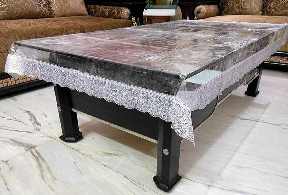 Kuber Industries PVC 4 Seater Center Table Cover|Silver Lace Transparent- Rectangle, KUBMART02706