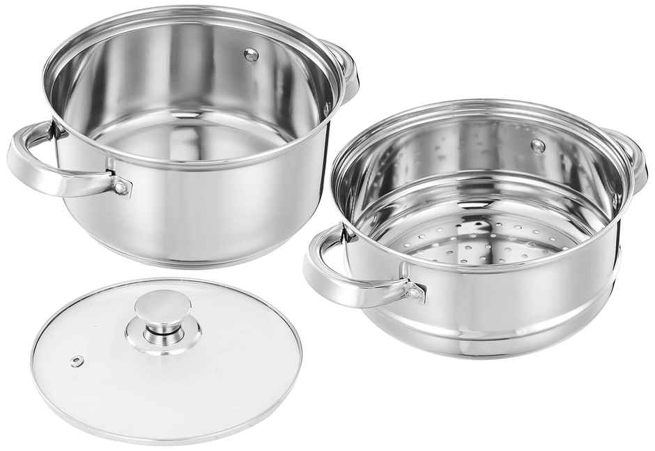 Jensons Stainless Steel Steamer with Glass Lid | Induction Base | Modak, Momo Maker | 2L | Silver