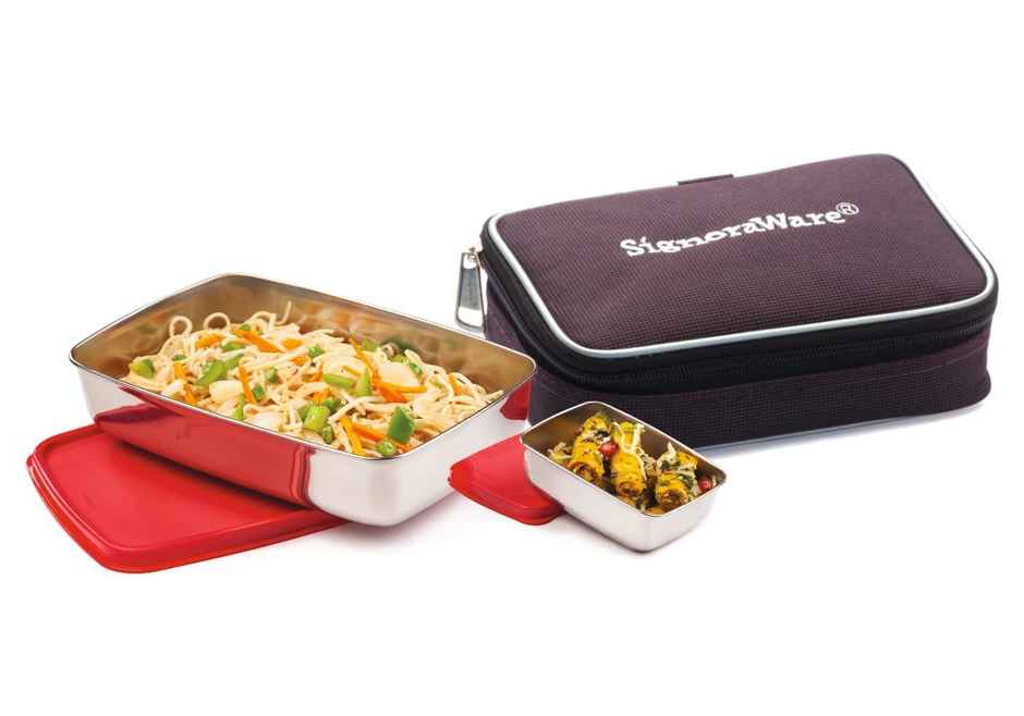 Signoraware Compact Steel Lunch Box with Bag | Red | Steel Lunch Box