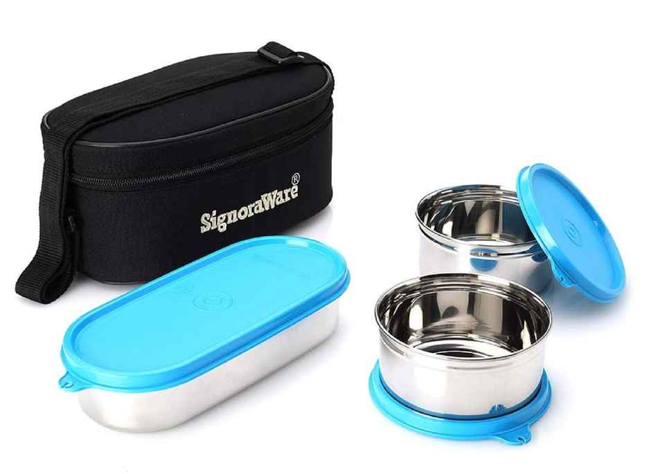 Signoraware Double Decker Steel Lunch Box with Bag | Set of 3 | Blue | Steel Tiffin Box