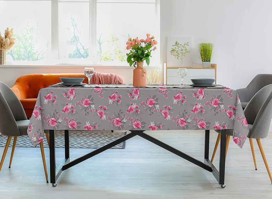 Lushomes Table Cover - 4 Seater | Machine Wash Twill | Grey Flowers | 57 x 57 inch