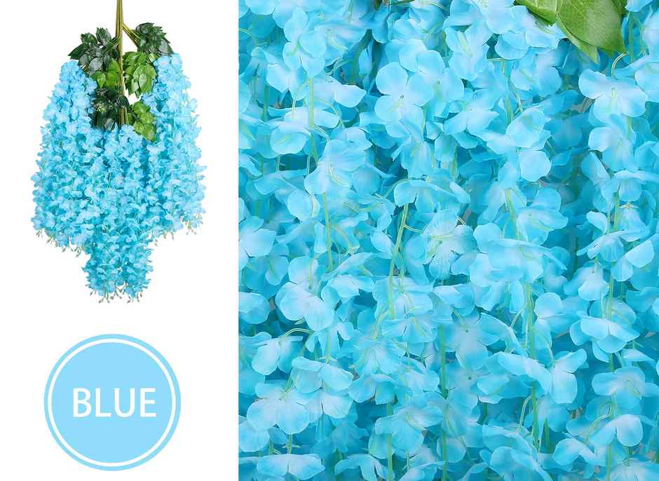 Well Art Gallery Artificial Wisteria Hanging Flowers Vines String Decorations (Pack Of 4,Sky Blue)
