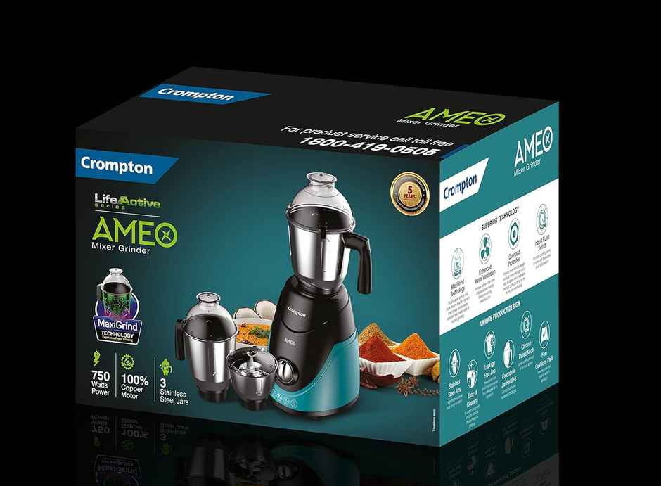 Crompton Ameo 750-Watt Mixer Grinder (3 Stainless Steel Jars And 1 Juicer Jar, Black & Turquoise)