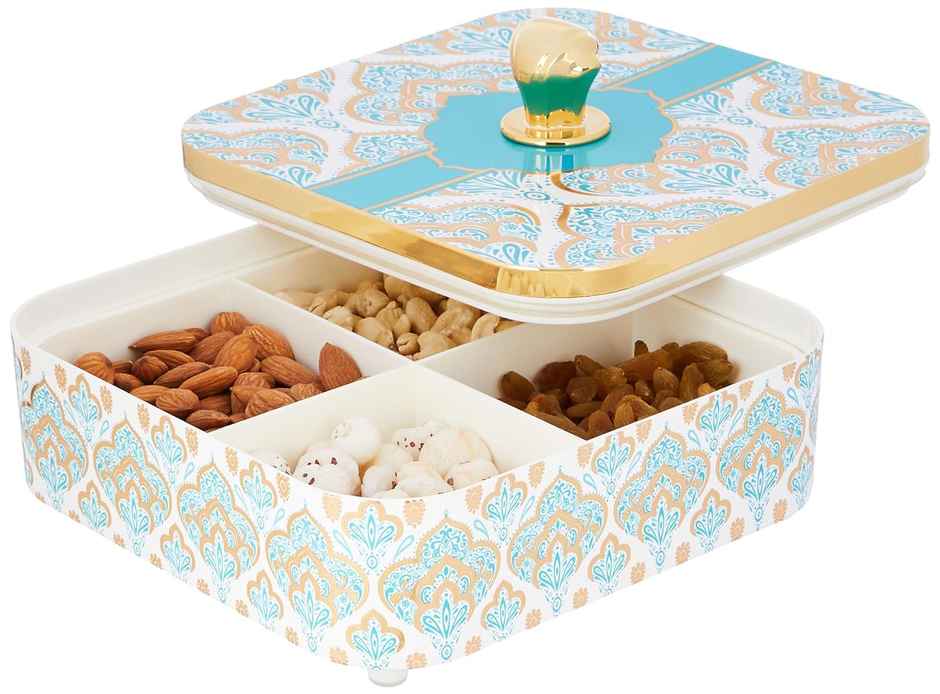 Youbee Dry Fruit Container Tray & Lid Plastic Dry Food Storage Box Gifting Set With 4 Section Blue