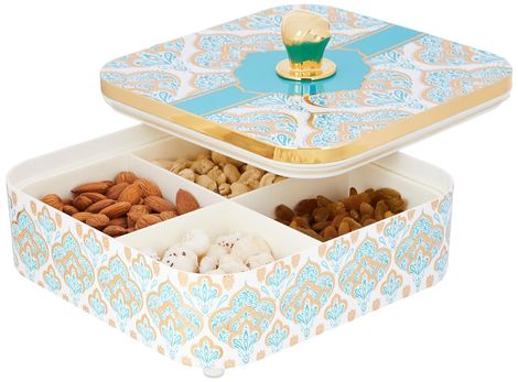 Youbee Dry Fruit Container Tray & Lid Plastic Dry Food Storage Box Gifting Set With 4 Section Blue