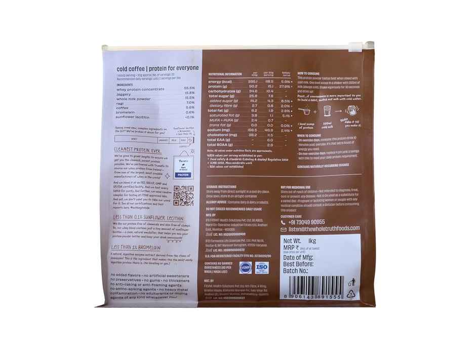 The Whole Truth Beginner Protein Powder Cold Coffee 15g Protein Per Scoop Easy to Digest