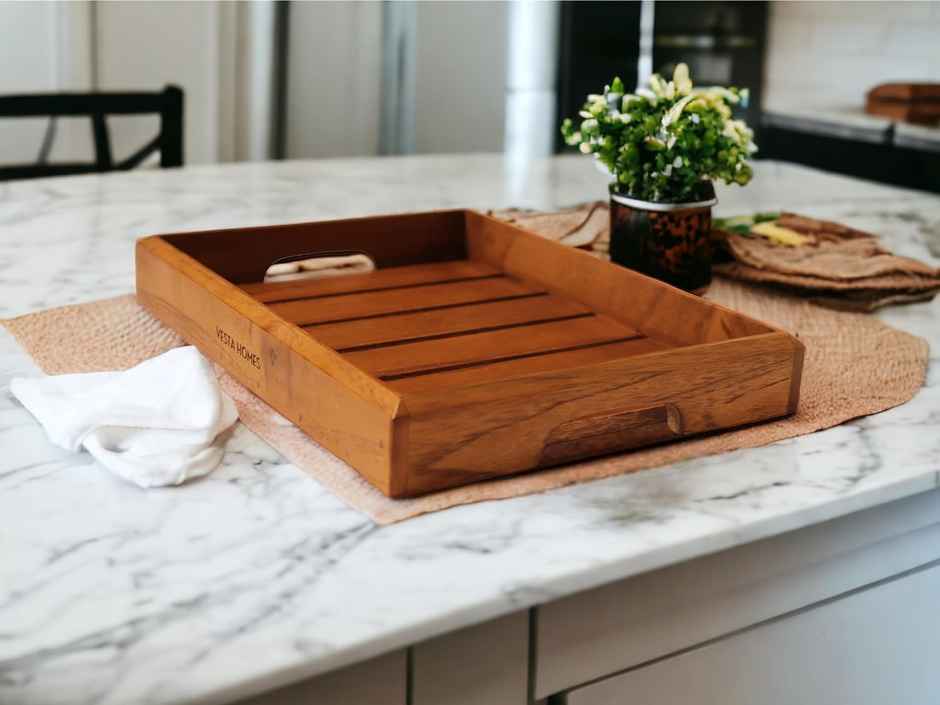 Vesta Homes Medium Teak Wood Serving Tray For Home, Kitchen, Restaurant, Office |31 X 22 X 4 Cm