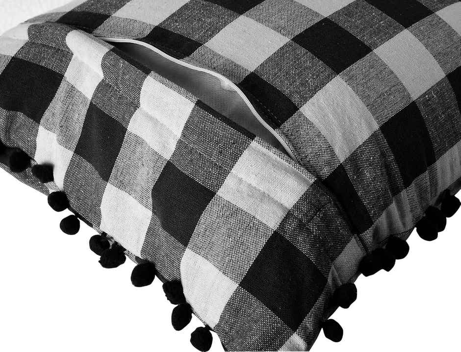 Lushomes Cotton Cushion Covers - Black White Checks | Pom Pom | 16 x 16 inch