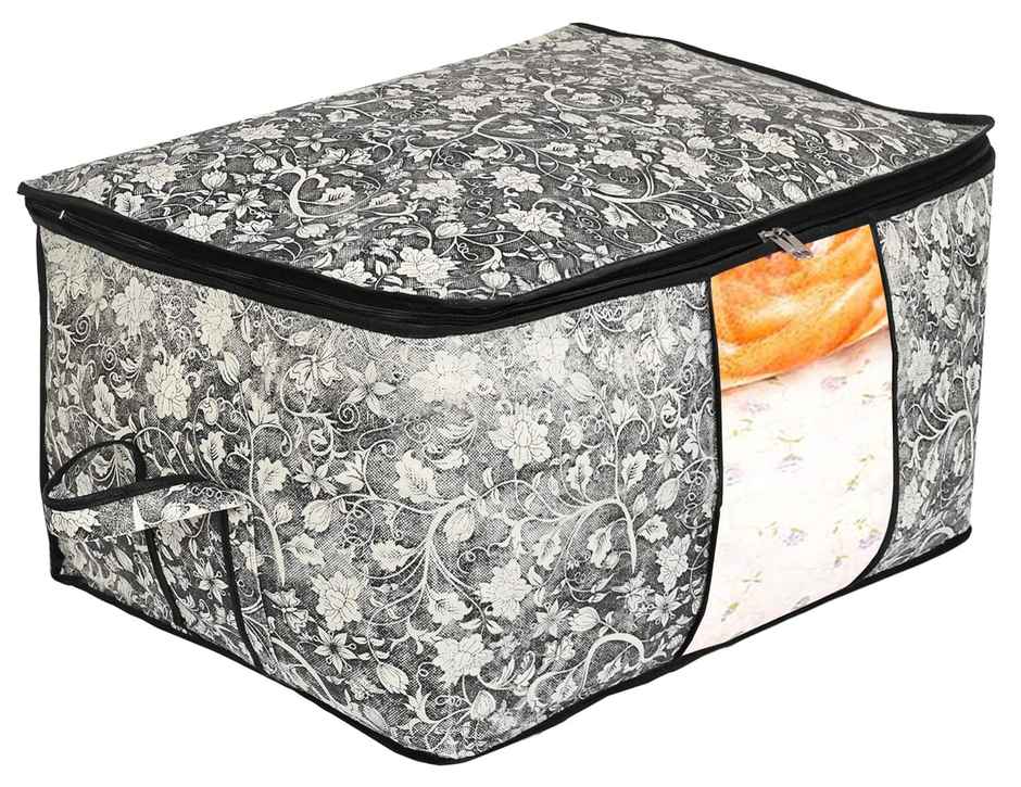 Kuber Industries Flower Foldable Non Woven Underbed Storage Bag with Transparent Window (Black)