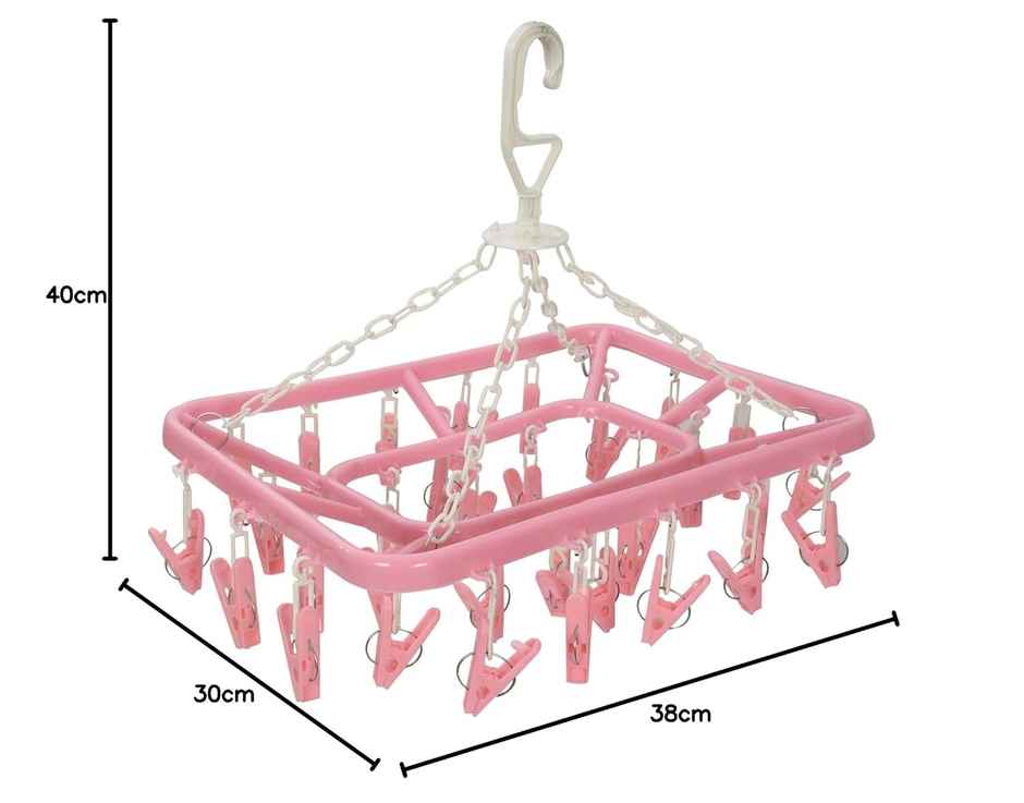 Kuber Industries Cloth Drying Hanger Rack (32 Clips) | 360 Degree Portable & Rotatable | Pink