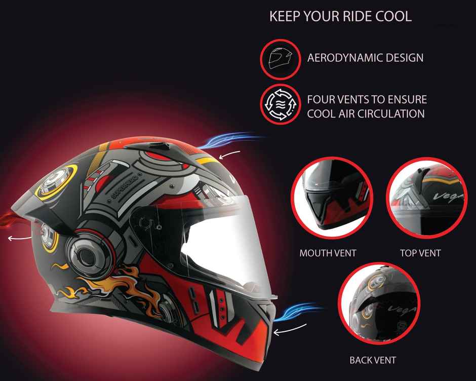 Vega Bolt Superhero Motorbike Black Red Helmet-L