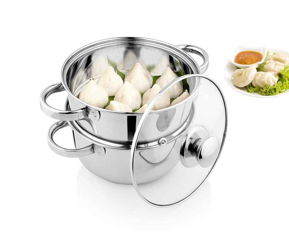 Jensons Stainless Steel Steamer with Glass Lid | Induction Base | Modak, Momo Maker | 2L | Silver