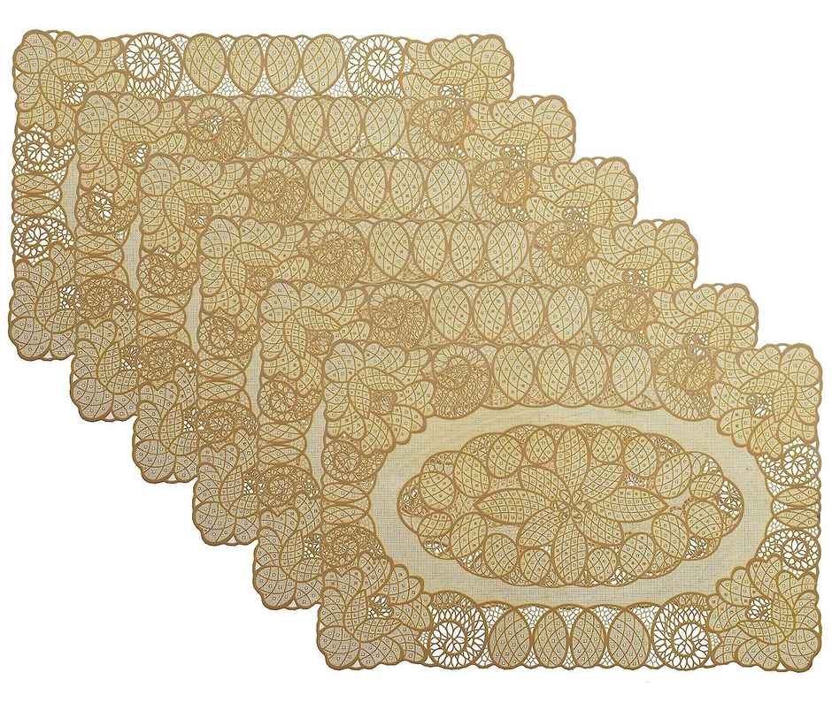 Kuber Industries Polyester Set of 6 Floral Round Soft Dining Table Placemat Set|Gold - Ctktc45906