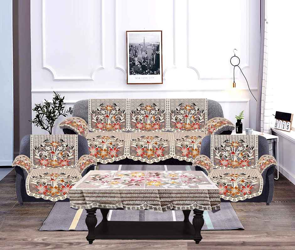 Kuber Industries Flower Design Cotton Floral 5 Seater Sofa Cover Set with 6 Pcss Arms Cover