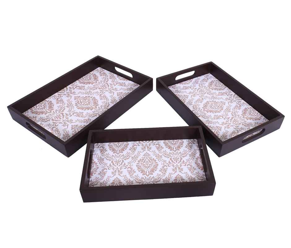 Kuber Industries Wooden Nested Serving Trays | Damask Gold Design | Set of 3 (Brown)