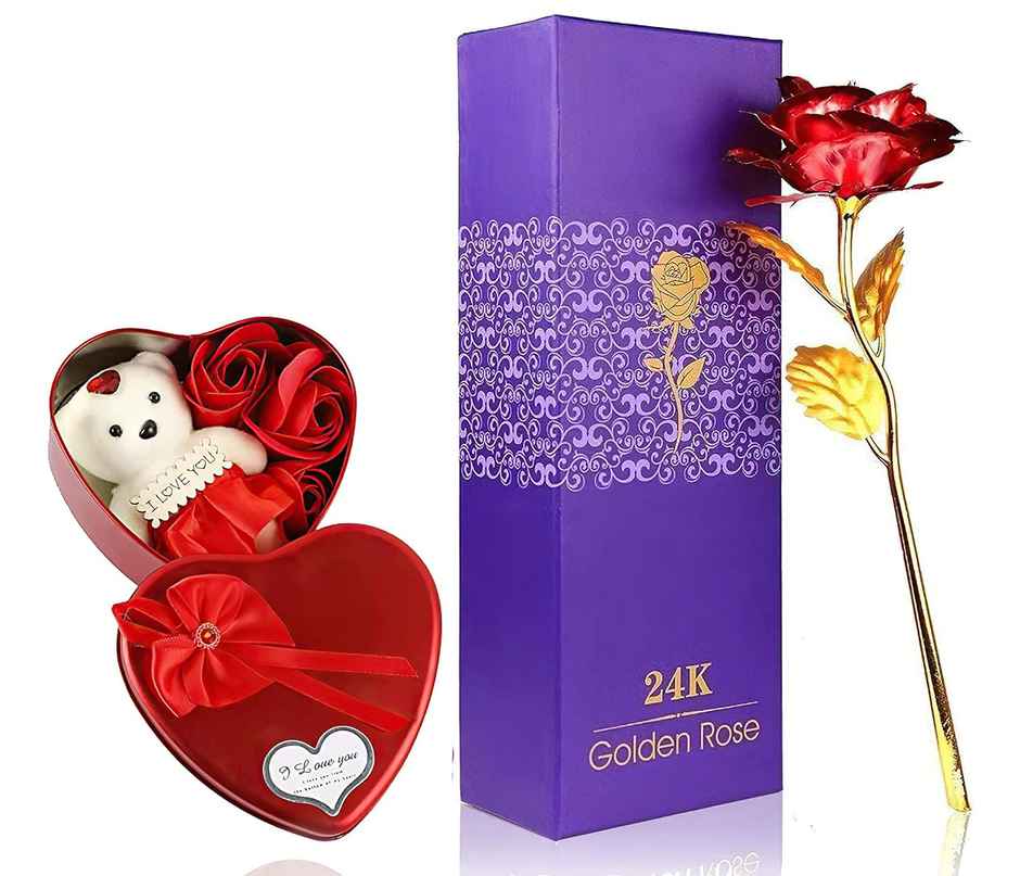 Golden Flower Red Rose Heart Box Teddy Valentine Gift | Perpetual Mart