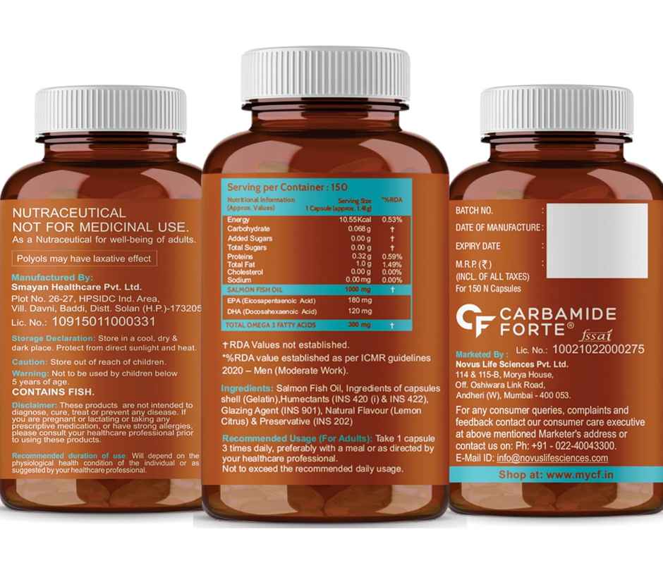 Carbamide Forte Salmon Fish Oil Omega 3 Capsule 1000 mg - Pack of 150 Softgel Capsules