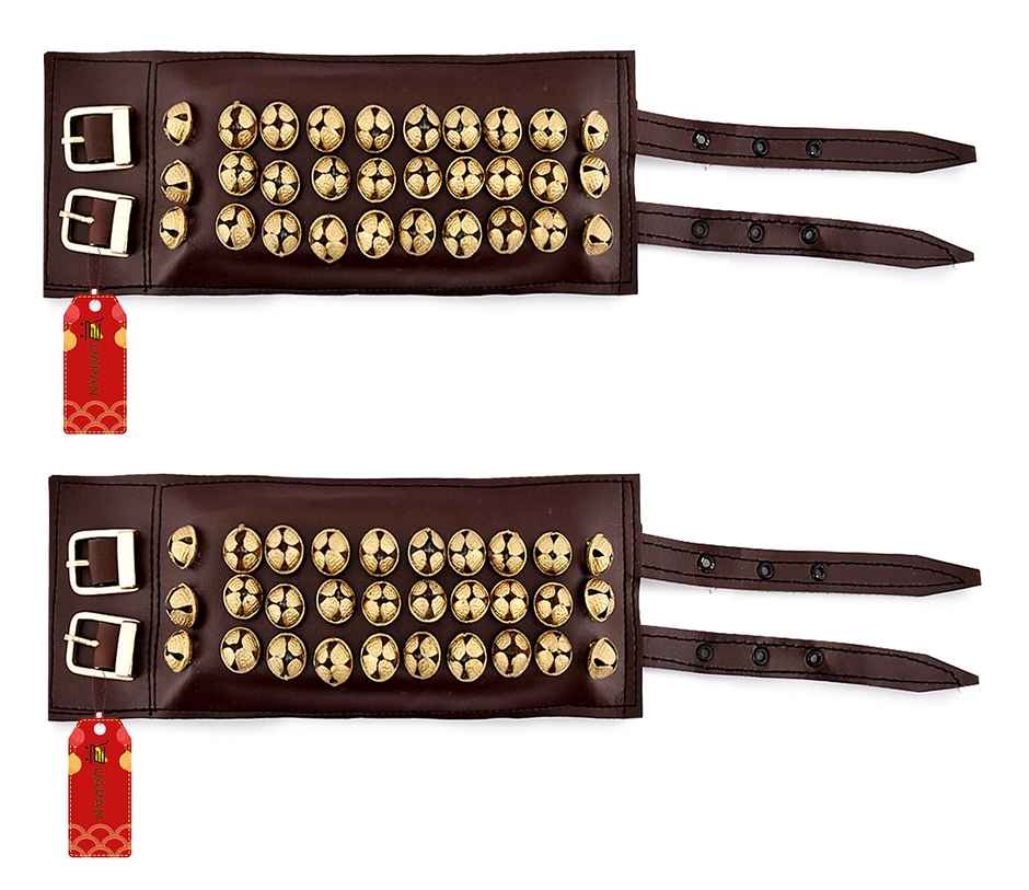 Uapan Brass Ghungroo Leather Pad With Strip 3 Line Pair, 30+31 - Assorted